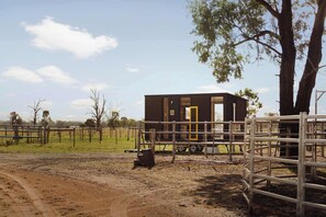 A rural property with a fenced area, a small building with a yellow door, and a tree.