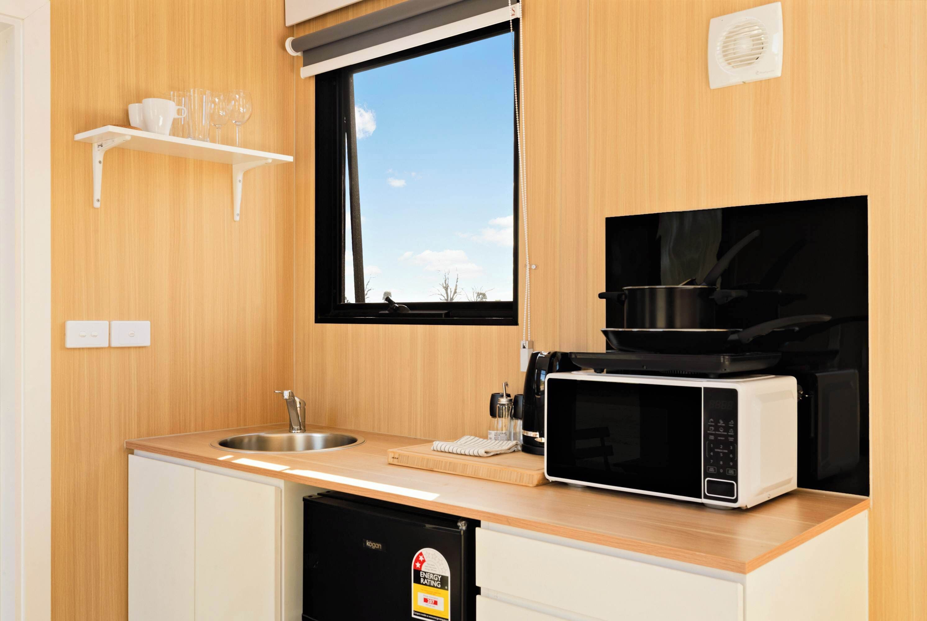 Fridge, microwave, stovetop, electric kettle