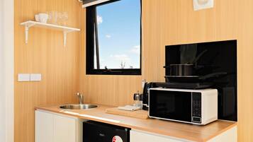Fridge, microwave, stovetop, electric kettle