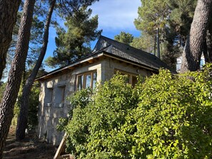Ein Steinhaus mit Giebeldach, umgeben von Bäumen und Grün.