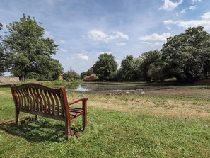 Ein Park mit einer Bank, einem Teich und Bäumen.