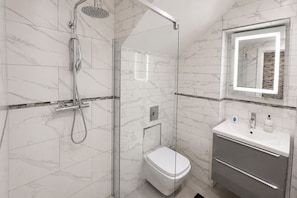 Et moderne badeværelse med en glasafskærmet brusekabine, toilet og et vaskeskab med spejl.