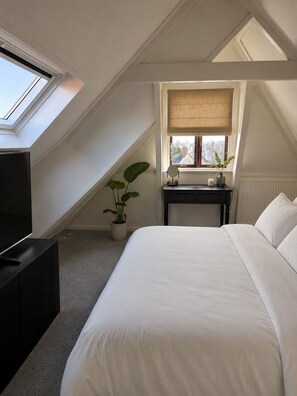 A bedroom with a skylight, a bed, a bedside table with a mirror, a potted plant, and a window with a view of the city.