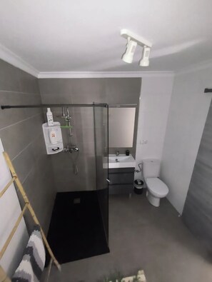 A modern bathroom with a glass shower enclosure, a toilet, and a sink.