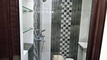 Hair dryer, towels, soap, toilet paper