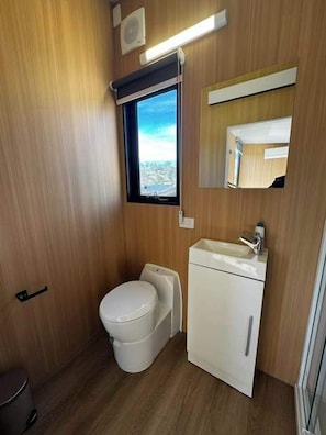 A compact bathroom with a toilet, sink, and mirror. - The Dairy and Pines Tiny house by Tiny Away (Guyong)