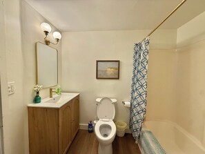 Une salle de bain équipée de toilettes, d’un lavabo, d’un miroir et d’un rideau de douche.