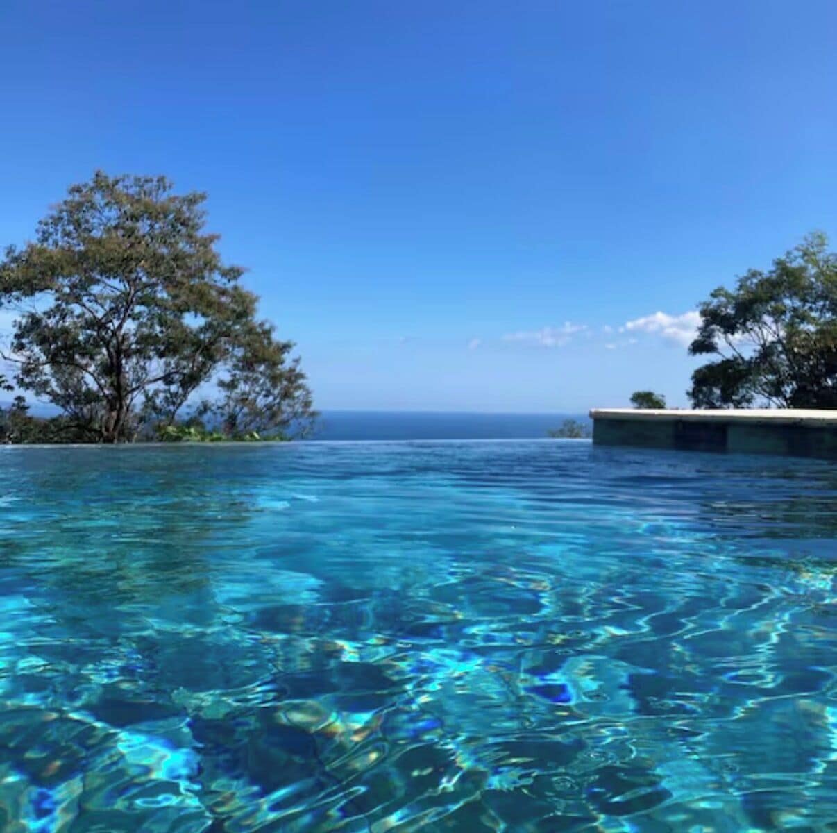 A clear blue pool with a view of the ocean and trees.