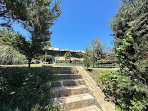 A stone staircase leading to a building with a clear blue sky above. - Grotte de Sel Private Pool (Ghar El Melh)
