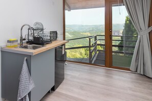 A modern kitchen with a sink, dish rack, and a view of a mountainous landscape through a large sliding glass door. - Alojamientos Turísticos LA APARECIDA (Ampuero)