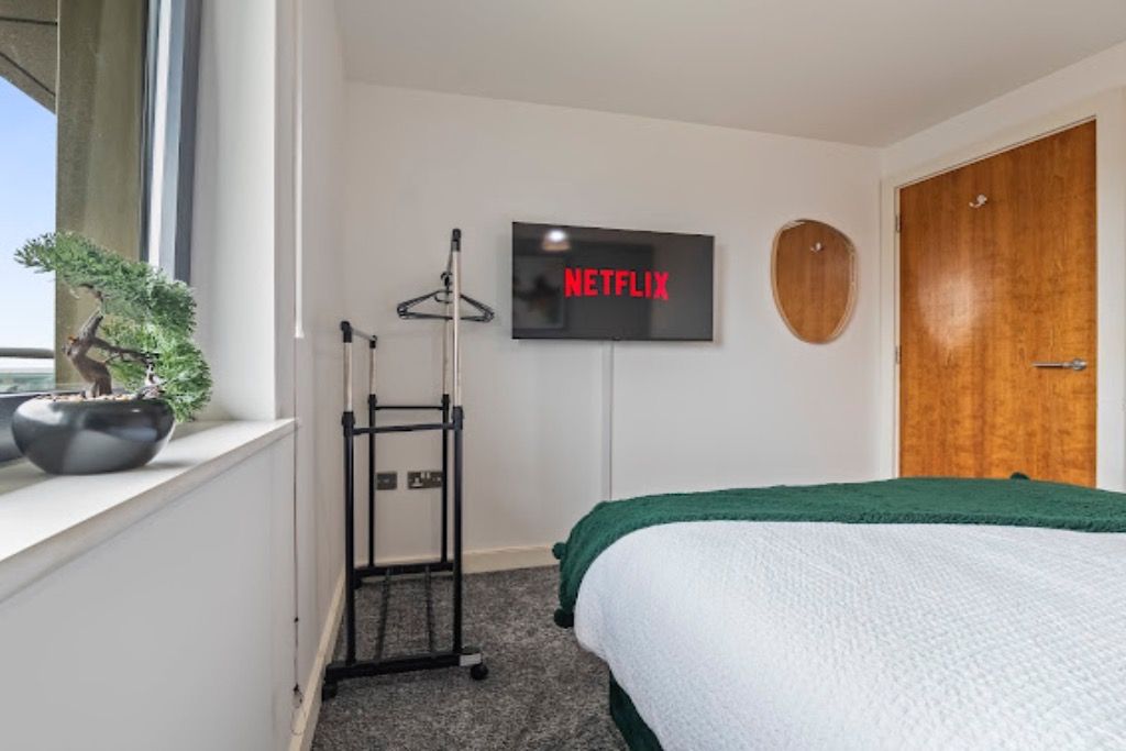 A hotel room with a bed, a wall-mounted TV displaying 'NETFLIX', a coat rack, and a potted plant.