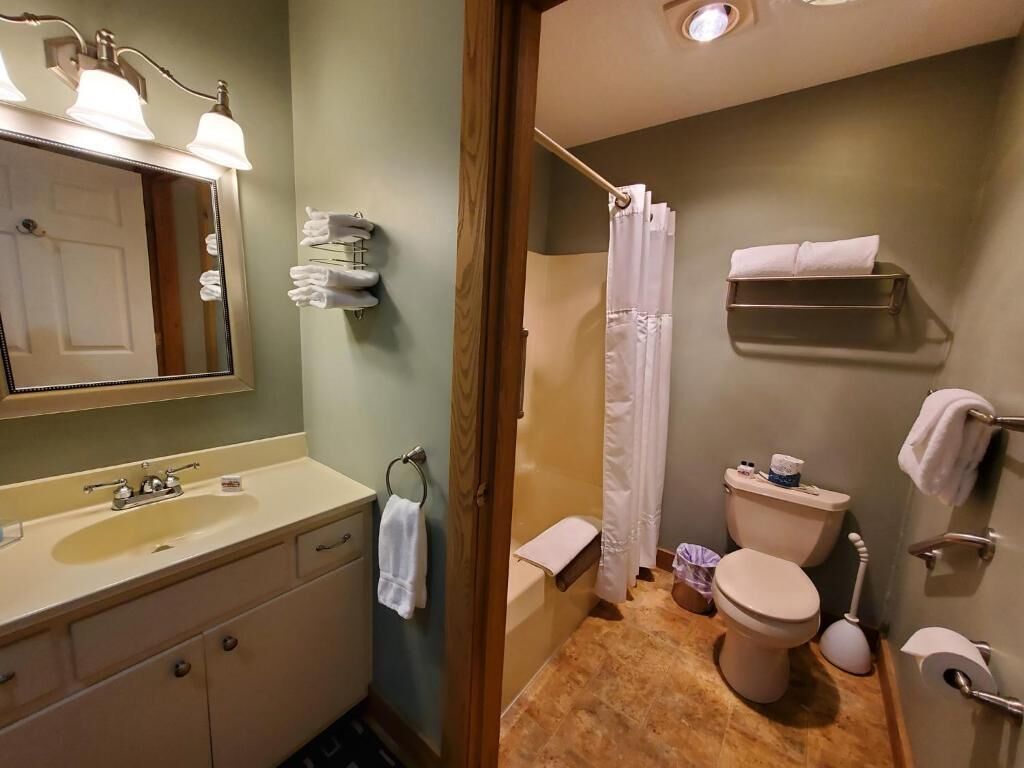 A bathroom with a sink, mirror, toilet, shower curtain, and towel rack.