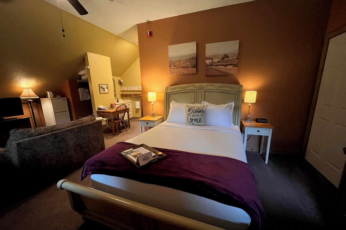 A hotel room with a bed, a desk, a chair, a television, and a ceiling fan.