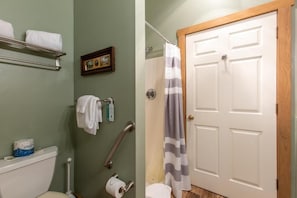 Un baño con inodoro, cortina de ducha, toallero y puerta.