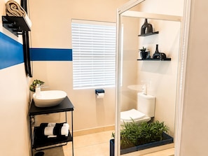 Habitación básica doble, vistas al mar | Baño | Ducha, secador de pelo, toallas y jabón