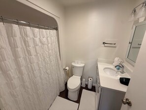 Un baño con cortina de ducha, inodoro, lavamanos y espejo.