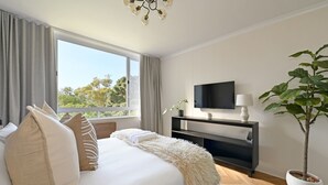 Un dormitorio con cama, televisión, planta y ventana.
