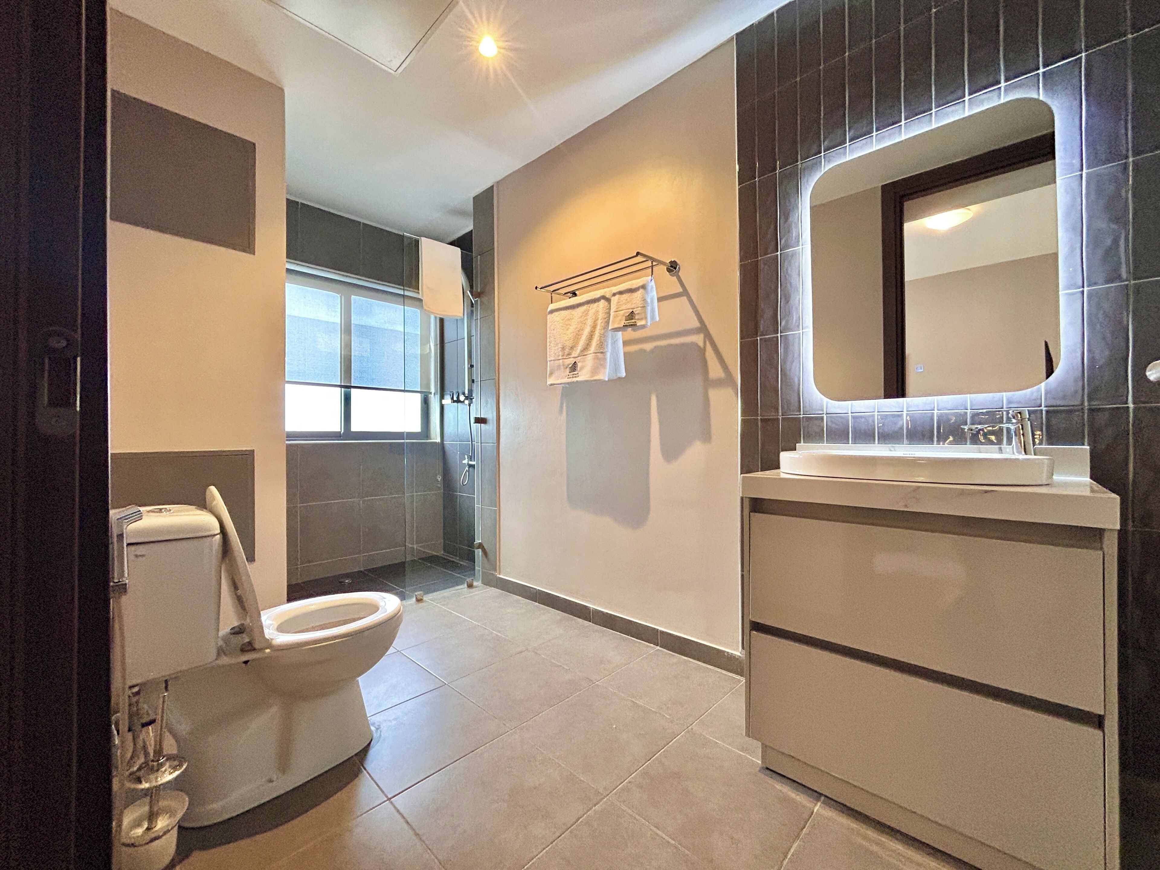 Shower, jetted tub, hair dryer, bidet