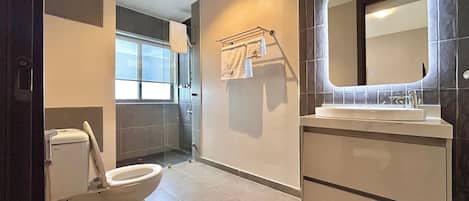 Shower, jetted tub, hair dryer, bidet