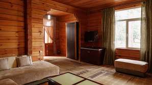 Interior de una cabaña de troncos con sofá, reposapiés, televisor y ventana con cortinas.
