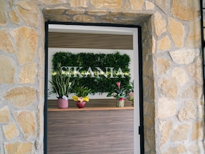 Entrada enmarcada en piedra con puerta de madera, pared verde con la palabra 'GRANIA' y luces decorativas, y tres plantas en macetas sobre un estante.
