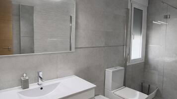 Shower, hair dryer, bidet, towels
