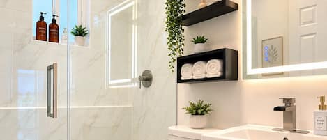Shower, hair dryer, towels, toilet paper