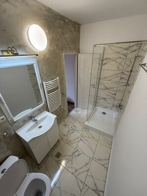 Een badkamer met toilet, wastafel, spiegel en douche.
