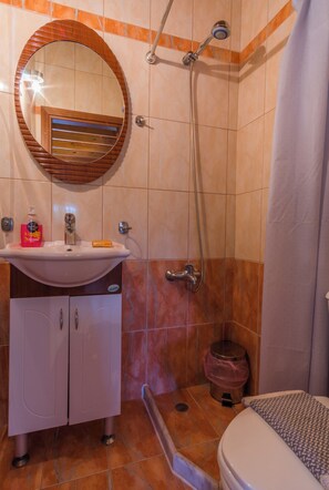 Ein Badezimmer mit Waschbecken, Spiegel, Dusche, Toilette und Mülleimer.