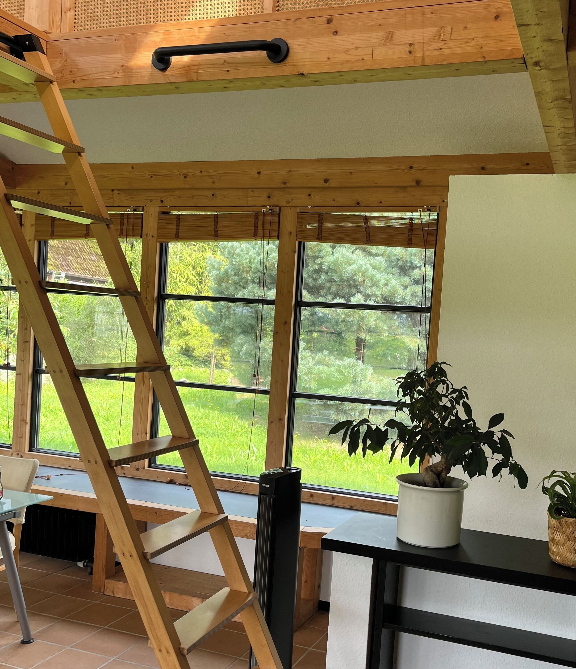 A wooden interior with large windows, a ladder, a potted plant, and a black speaker.