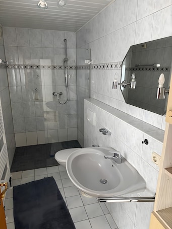 A modern bathroom with a shower, toilet, sink, and a mirror.. Apartment 'Monteure' with Shared Terrace and Wi-Fi