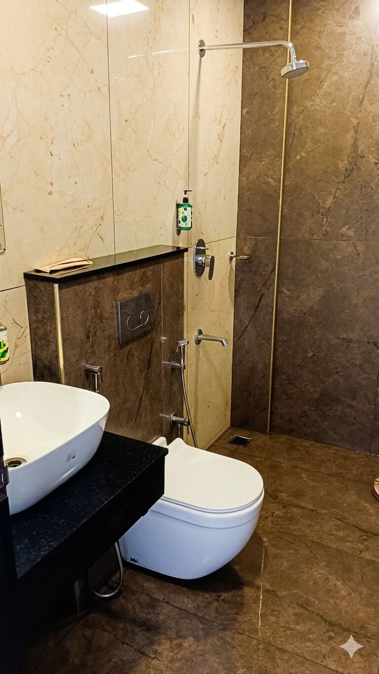 Shower, towels, shampoo, toilet paper