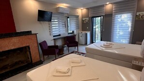 Une chambre d’hôtel avec deux lits, une cheminée, une télévision et une fenêtre avec des stores.