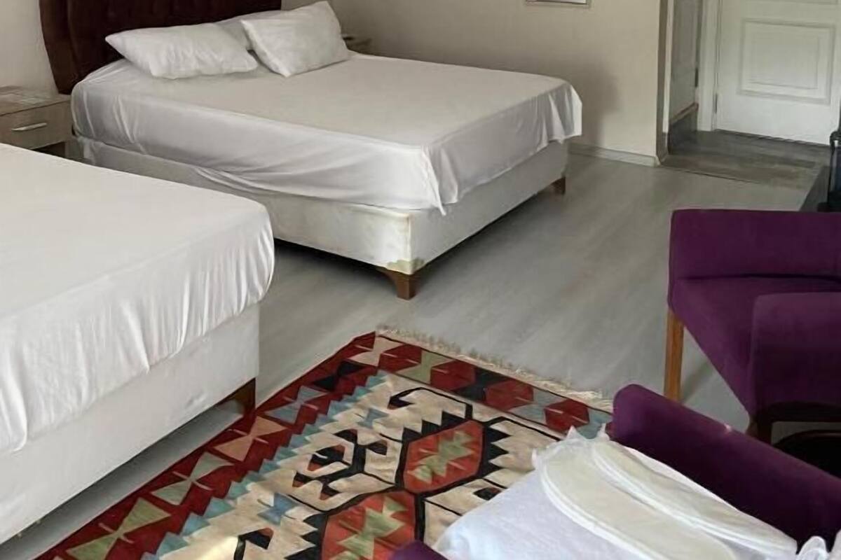 Une chambre d’hôtel avec deux lits, un fauteuil violet, un tapis à motifs et une porte sur laquelle est apposée une pancarte « Il est interdit de fumer ».