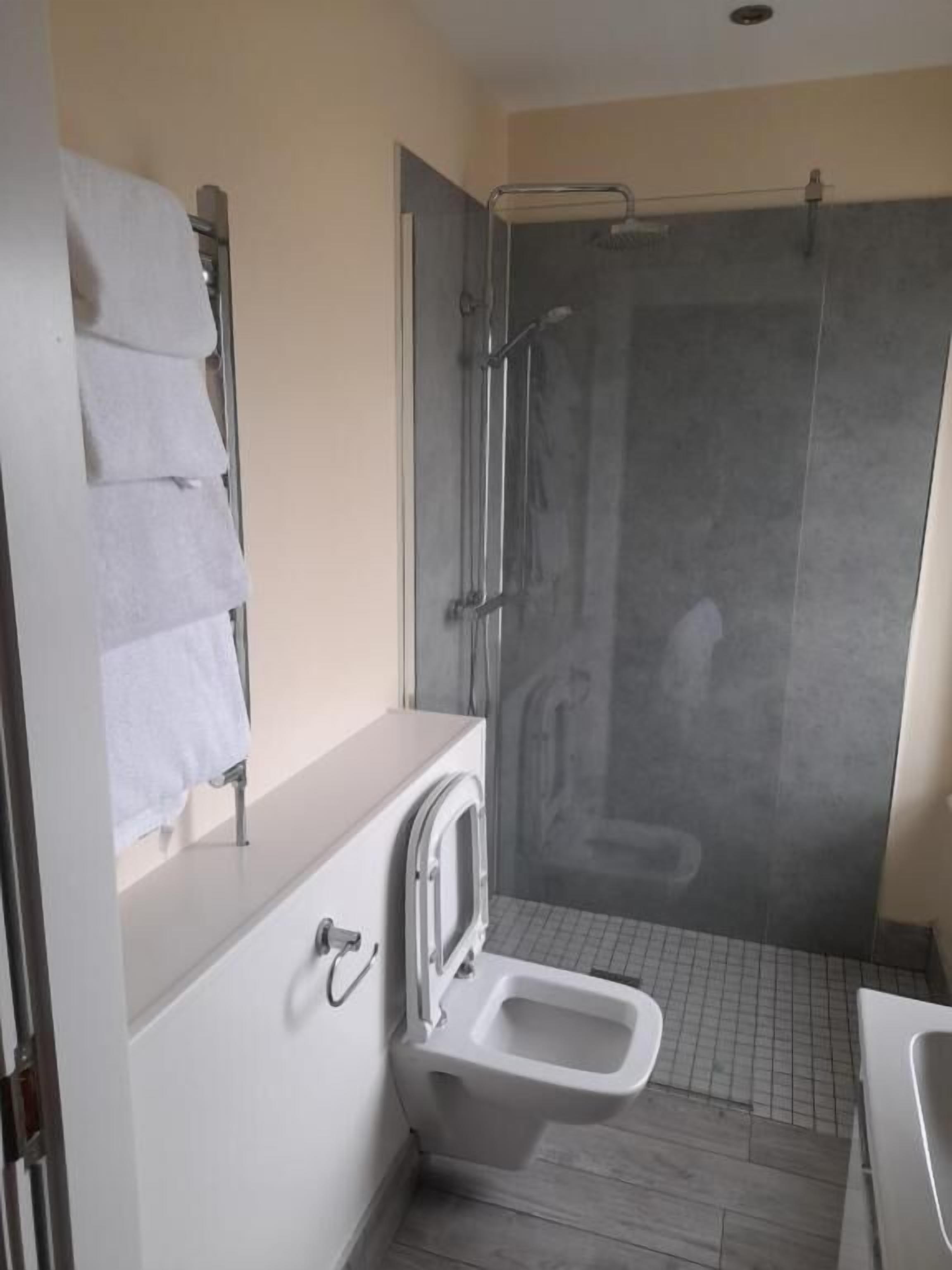 A bathroom with a shower, toilet, and sink.