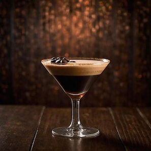 A martini glass with a dark liquid and a light foam on top, placed on a wooden surface. - The Armada Bar And Restaurant (Armoy)