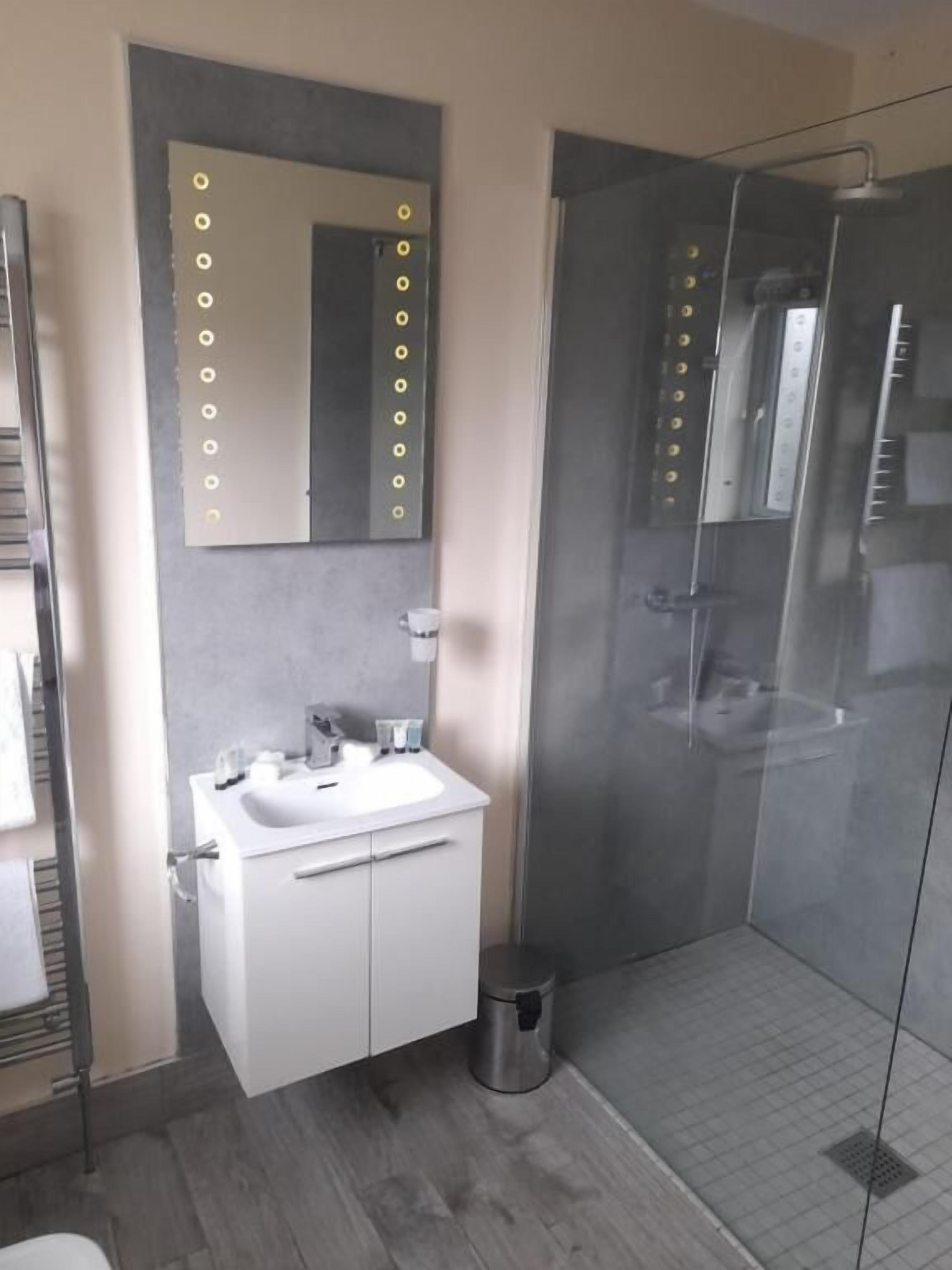 Shower, free toiletries, hair dryer, slippers
