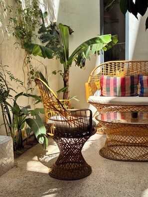 Une chaise en osier et un canapé en osier agrémentés d’un coussin coloré, le tout entouré de plantes vertes.
