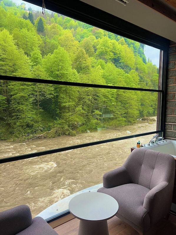 A room with a large window overlooking a river and forest. - Valley Suit (Camlihemsin)