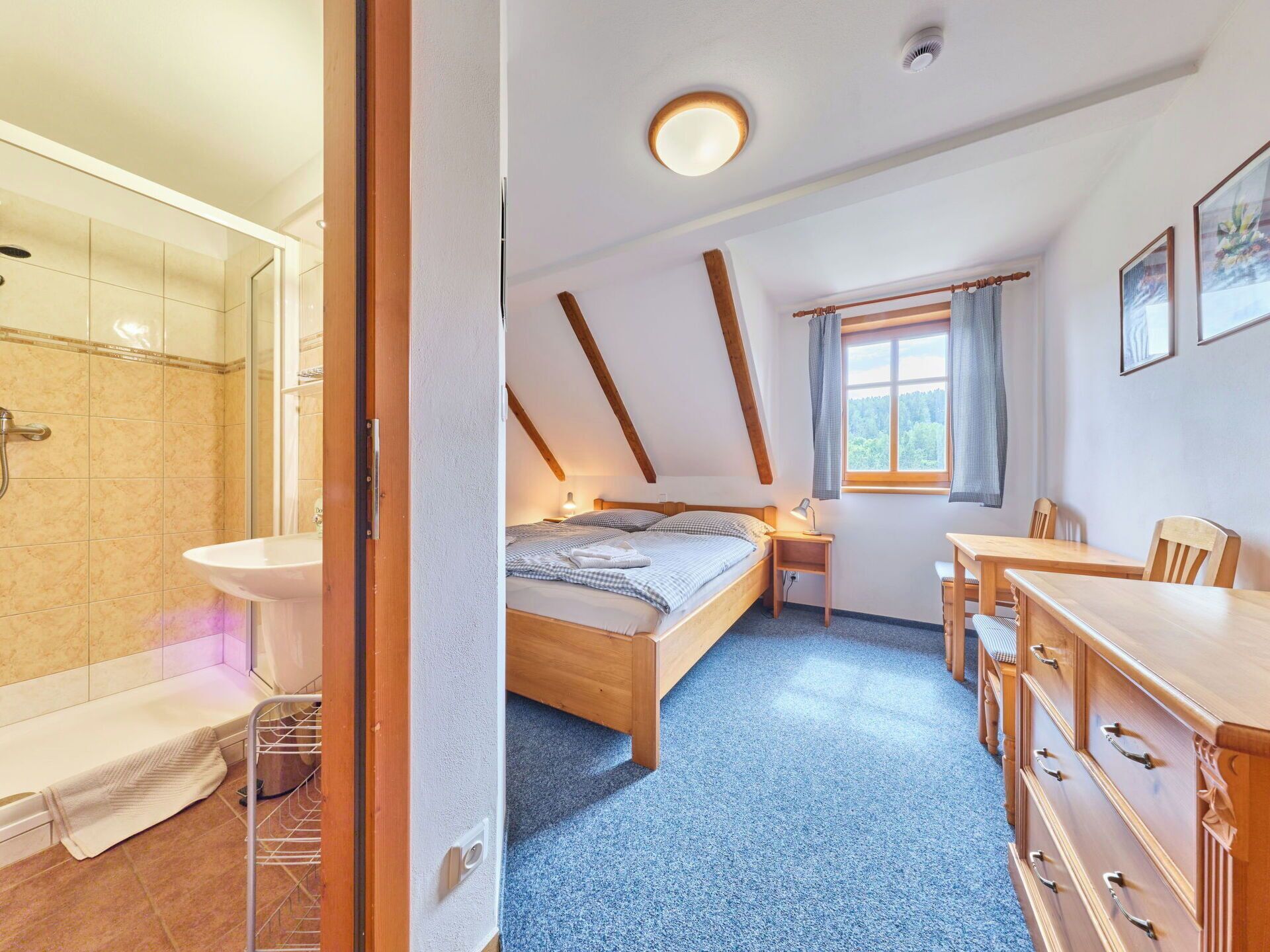 A bedroom with a bed, a desk, a chair, a window, and a bathroom with a shower.