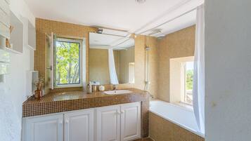 Shower, hair dryer, towels