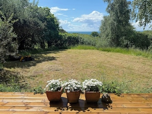 Eine Holzterrasse mit drei Blumentöpfen und einem Rasen.