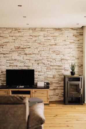 Ein Wohnzimmer mit Steinsandsteinwand, einem Flachbildfernseher, einem kleinen Tisch mit einer Pflanze und einem Kaminofen.