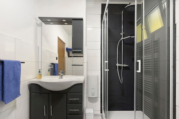 Shower, hair dryer, towels
