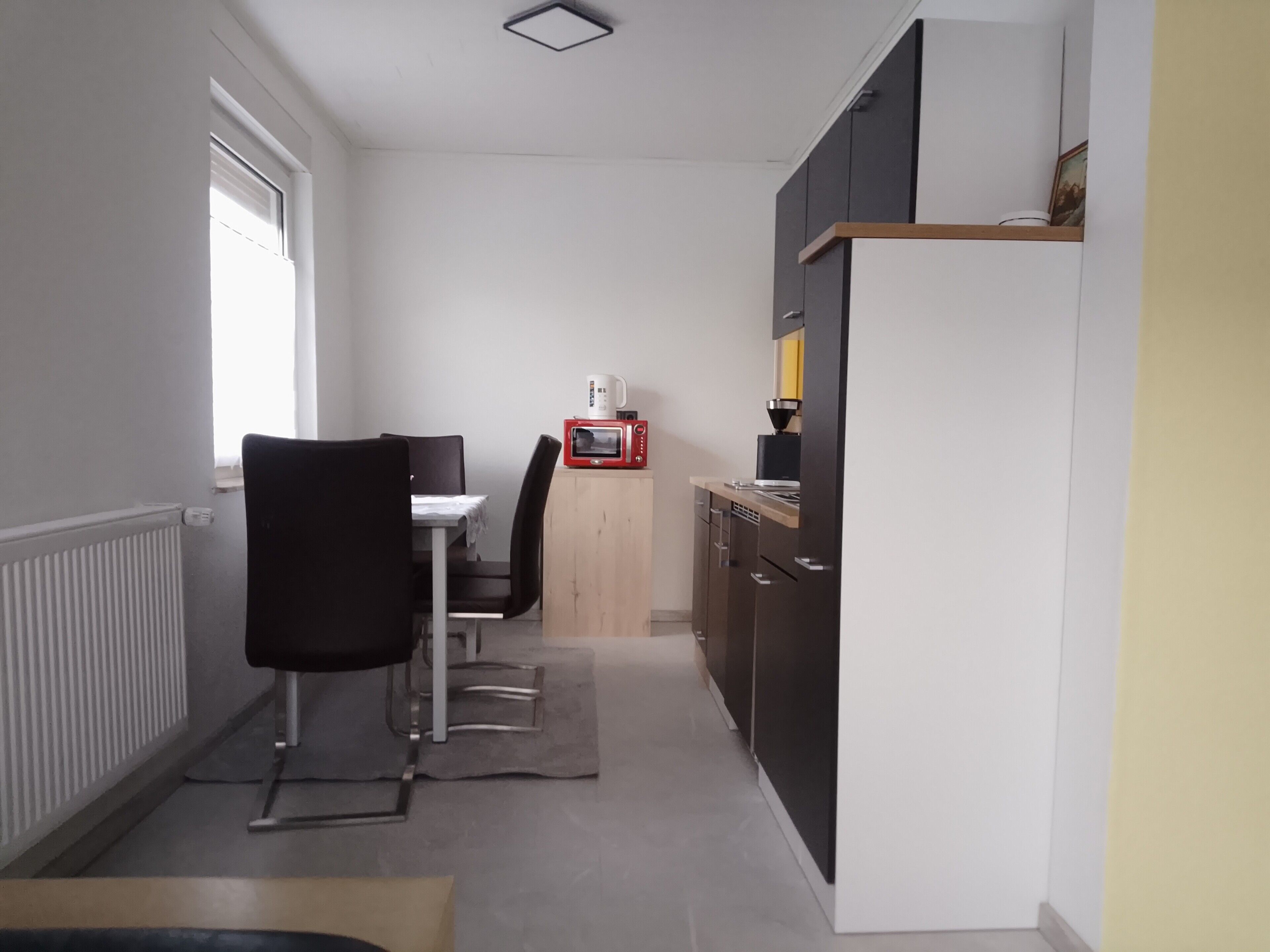 Kühlschrank, Mikrowelle, Herdplatte, Wasserkocher mit Kaffee-/Teezubehör