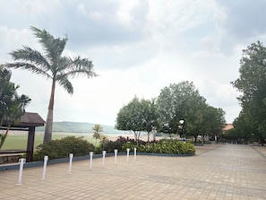 A paved walkway with palm trees and a view of a distant landscape. - Riverfront Mrugavani (Kolhapur)
