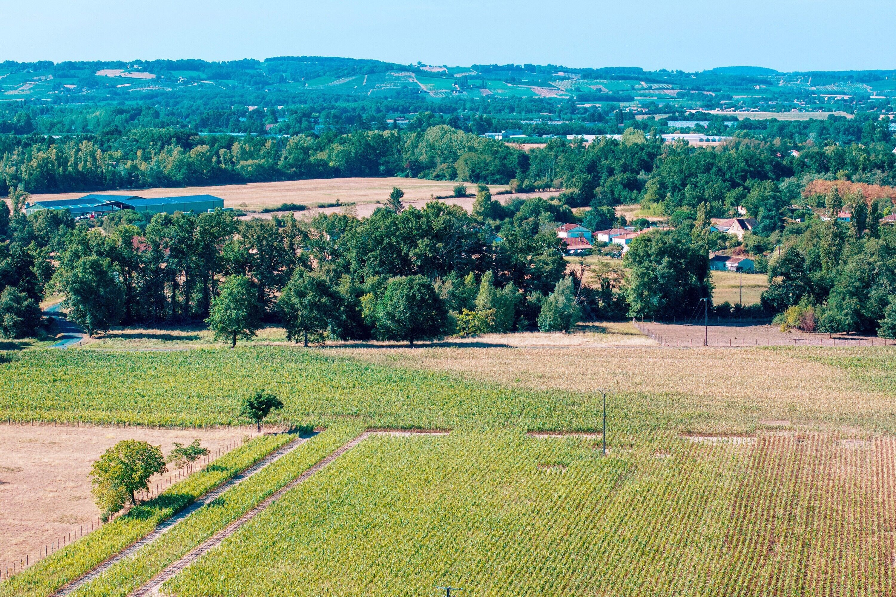 A rural landscape with fields, trees, and scattered buildings.