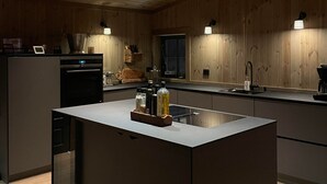 Een moderne keuken met houten lambrisering, een centraal eiland en ingebouwde apparaten.