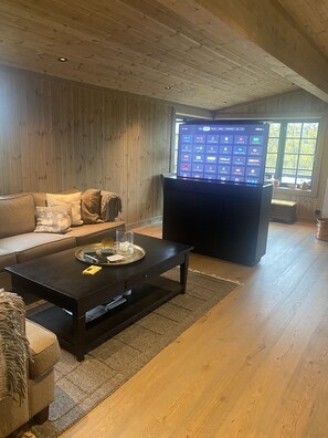 Una sala de estar con techo de madera, un televisor de pantalla plana grande, un sofá, una mesa de centro y una ventana con vistas.