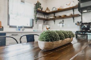 A wooden table with a row of small potted plants. - 3 Houses a Farm Sleeps 20, Swimming Hole, Pools, Hot Tubs, Views (Spring Branch)
